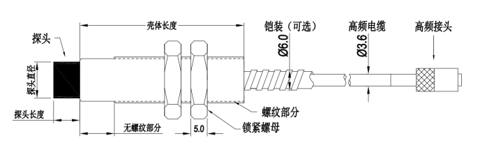 常探頭由線圈、頭部、殼體、高頻電纜、高頻接頭組成，其典型結(jié)構(gòu)見圖所示。